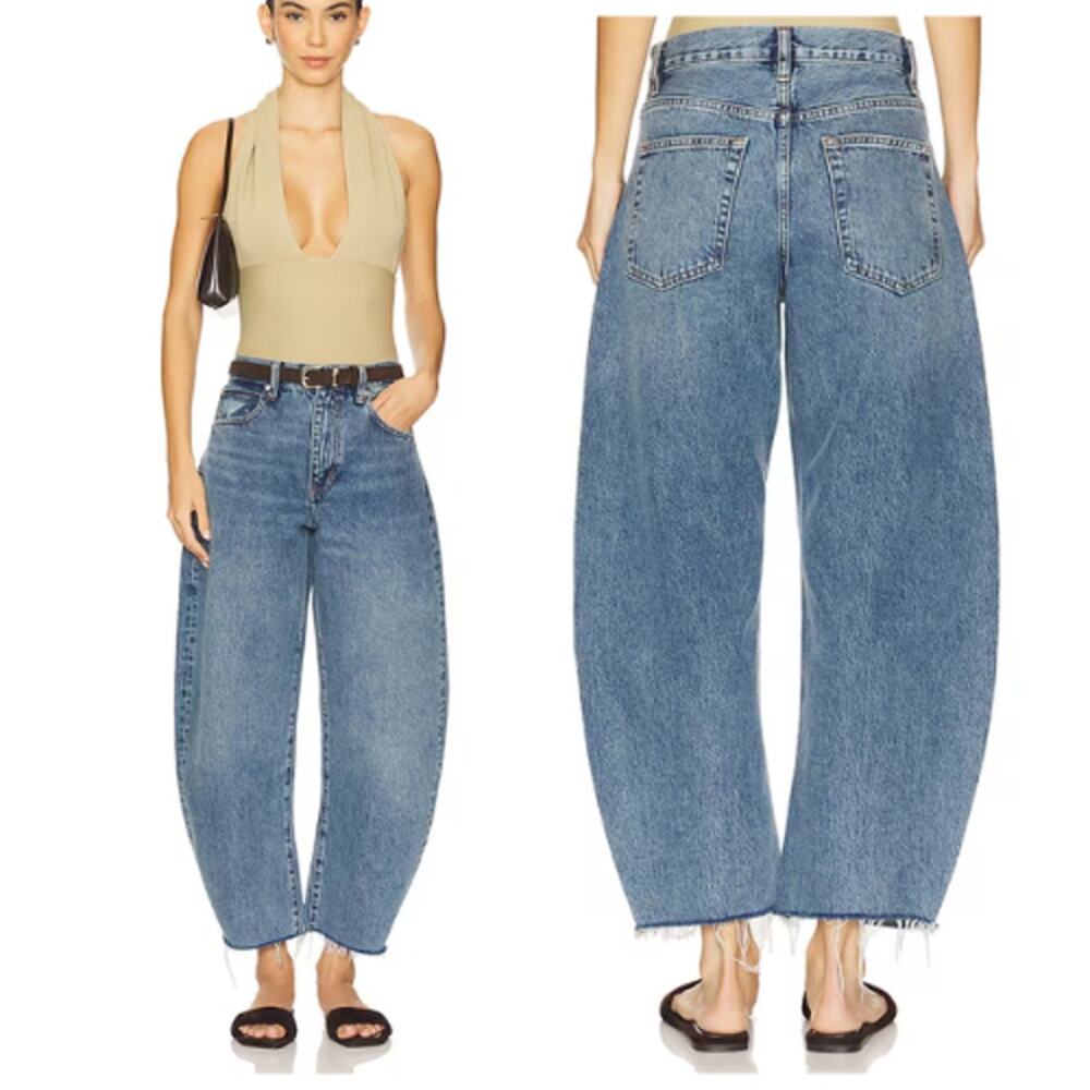 NEW Frame The Bubble Crop High Rise Barrel Leg Cropped Denim Jeans Blue Size: 27